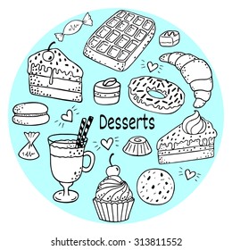 Desserts doodle set - vector illustration
