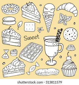 Desserts doodle set - vector illustration