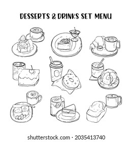 Desserts and Drinks Set Menu, Drawing Sketch Black and White Vector