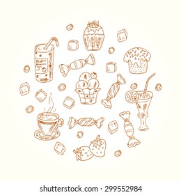 Desserts elements in circle shape. Vector Doodles Desserts: Cakes, beverages and candy. Menu template.