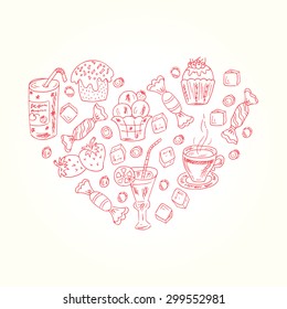 Desserts elements in heart shape. Vector Doodles Desserts: Cakes, beverages and candy. Valentine card. Menu template.