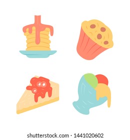 Desserts flat design long shadow color icons set. Pancakes, muffin, cheesecake, ice cream. Bakery shop, confectionery. Plombir, gelato. Sweet food, confections dishes. Vector silhouette illustrations