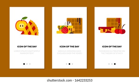 Desserts flat icon set. Waffles, apple pie, bakery isolated sign pack. Sweet food, cuisine, menu concept. Vector illustration symbol elements for web design