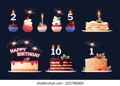 Postres conjunto plano de tartas de cumpleaños y pastelitos con varios ingredientes velas luces bengales aisladas en ilustración vectorial de fondo negro