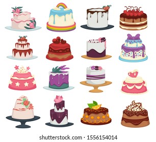 Desserts with flower and fruit decor, wedding and birthday cake isolated dish vector. Chocolate and cream, biscuit layers with icing, confectionery product. Food or sweet meal, berries and macaroons