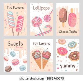 Desserts flyers set. Candies, donuts, ice cream horns, macaroons vector illustrations with text. Sweet food concept for confectionery posters and leaflets design