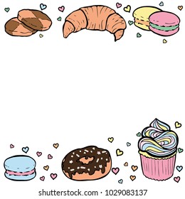 Desserts frame. Colorful hand drawn border for menus, invitations, cards, envelopes and sweet notes on Valentines Day. Isolated on white 
