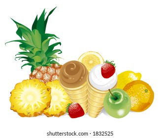 Desserts - Fruits And Ice-Cream  (Fully Editable Vector Image)