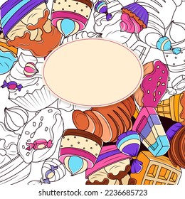 Desserts funny items and poster design elements. Doodle illustrations of various types of sweets. Vector banner