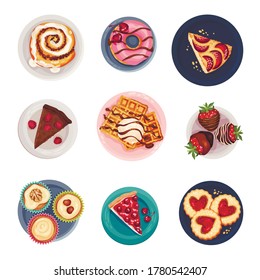 Desserts with Gaufre or Waffle and Pie Served on Plate Vector Set