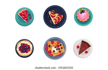 Desserts with Gaufre or Waffle, Tartlet and Cake Served on Plate Vector Set