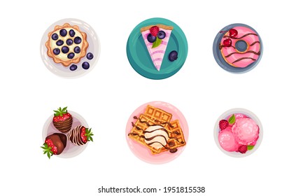 Desserts with Gaufre or Waffle, Tartlet and Cake Served on Plate Vector Set