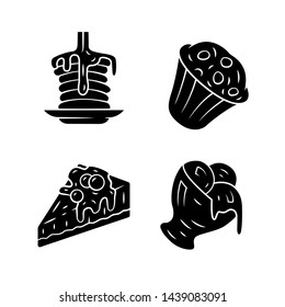 Desserts glyph icons set. Pancakes, muffin, cheesecake, ice cream. Bakery shop, confectionery menu. Plombir, cupcake. Sweet food, confections dishes. Silhouette symbols. Vector isolated illustration