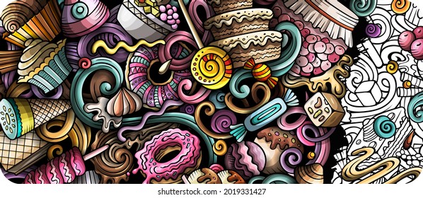 Desserts hand drawn doodle banner. Cartoon vector detailed flyer. Illustration with sweets objects and symbols. Colorful horizontal background