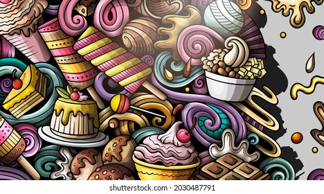 Desserts hand drawn doodle banner. Cartoon vector detailed flyer. Illustration with sweets objects and symbols. Colorful horizontal background