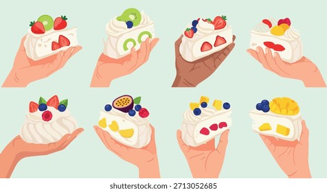 Desserts in hands with fruit toppings