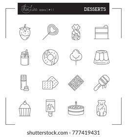 Desserts, honey, jelly bear, cake, candy, chocolate thin line color icons set, vector illustration