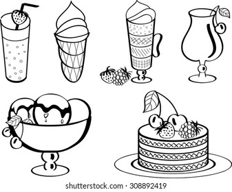 Desserts: ice cream, cake, cocktail, cappuccino, drinks. Vector