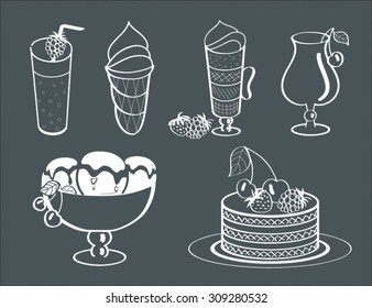 Desserts: ice cream, cake, cocktail, cappuccino, drinks. Vector