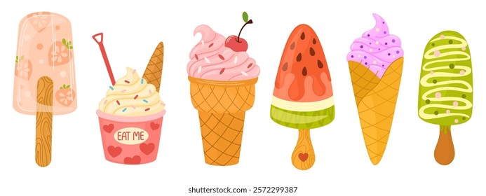 Desserts, ice cream, sweet eating set. Yummy street food, confectionery snacks. Cone waffle with filling, ice cream balls in cup, ice cream in cone. Vector illustrations isolated on white background