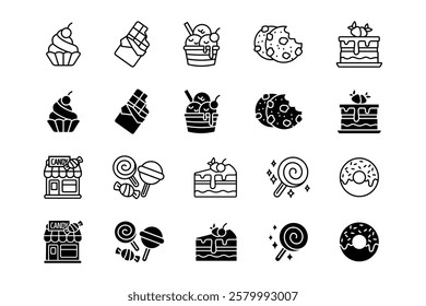 Desserts icon set. Chocolate chip cookie and candy sign. Birthday cake, donut, and cupcake symbol. Lollipop and ice cream pictogram. Confectionery shop illustration.