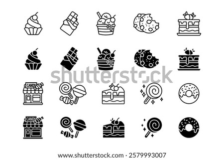 Desserts icon set. Chocolate chip cookie and candy sign. Birthday cake, donut, and cupcake symbol. Lollipop and ice cream pictogram. Confectionery shop illustration.
