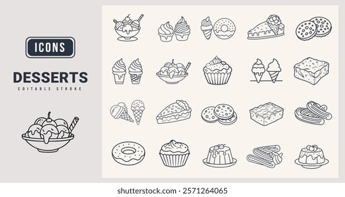 Desserts Icons set. vector illustration in modern thin line style of Desserts icons.