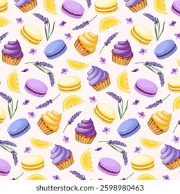 Desserts and lavender in a pattern.Vector seamless pattern with lavender, lemons and sweet desserts on a light background.