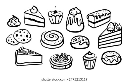 Conjunto de bocetos de línea de postres. Ilustraciones dibujadas a mano de Vector de línea negra aisladas sobre fondo blanco.