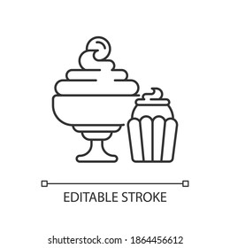 Desserts linear icon. Biscuits, cakes, cookies. Ice cream and frozen yogurt. Whipped cream. Thin line customizable illustration. Contour symbol. Vector isolated outline drawing. Editable stroke