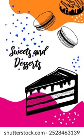 Modelo de design de banner ou menu Sobremesas. Desenho de bolo desenhado à mão, donut, macaron. Histórico para marketing de café, menu, restaurante