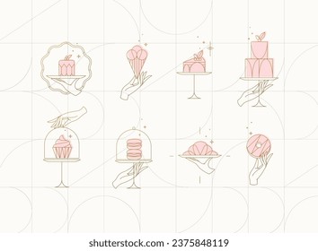 Desserts on cake stand in art deco style labels drawing on beige background