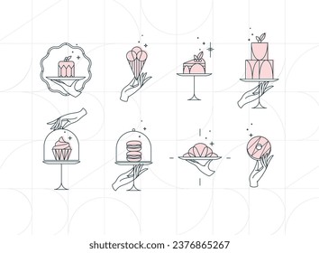 Desserts on cake stand in art deco style labels drawing on white background