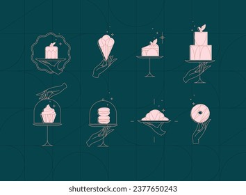 Desserts on cake stand in art deco style labels drawing on dark turquoise background