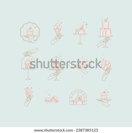 Desserts on cake stand in art deco style labels drawing with pink on turquoise background