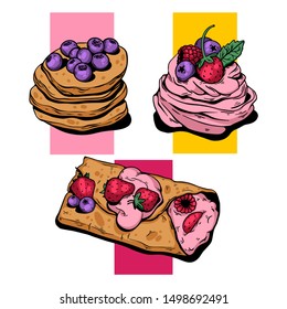 Desserts on a white background, bright, cozy, berry. Vector illustration.