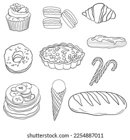 Postres y bollería en la técnica de doodle ilustración vectorial 