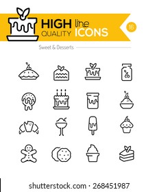 Desserts and Pastries Line Icons including: cake, donuts, cookies etc..