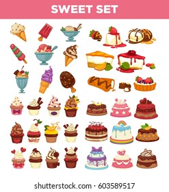 Desserts and pastry cakes vector icons set. Sweet cupcakes, pies and tortes. Chocolate ice cream and fruit muffins, tiramisu brownie and cheesecake or charlotte pudding for patisserie and bakery cafe