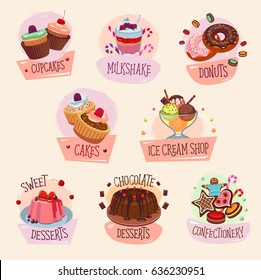 Desserts and pastry cakes vector icons set for bakery shop or homemade patisserie. Cakes and cupcakes, ice cream and fresh chocolate milkshake, charlotte, tiramisu pudding and cheesecake biscuit pie