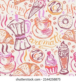 Desserts, Gebäck und Kaffee nahtlose Muster mit handgezeichneten Buchstaben in hellen Krawatten