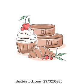 Postres, pastelería, с roissant y herramientas de horneado. La cafetería. Ilustración vectorial para menú, libro de recetas, panadería, café.