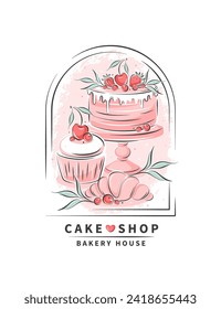 Desserts, pastry dishes, cake, cupcake,сroissant. Cake shop. Vector illustration for menu, recipe book, baking shop, cafe.
