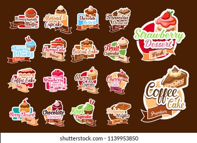 Desserts and pastry sweets stickers for patisserie or cafeteria menu design. Vector isolated set of chocolate muffin, strawberry cake and donut or tiramisu and premium brownie with berry cupcake