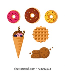 Desserts and pastry vector flat set. Sweet donuts, wafer, chocolate cookies and fruit ice cream. Vector flat illustration.