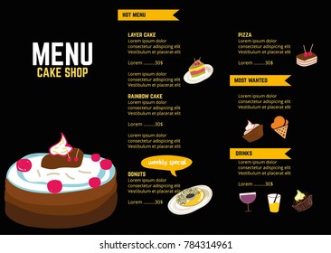 Desserts and pastry vector menu template. Graphic design menu poster for sweet biscuits and bakery cakes or cupcakes, cheesecake, tiramisu and brownie tortes, pudding or charlotte pie with cherryberry