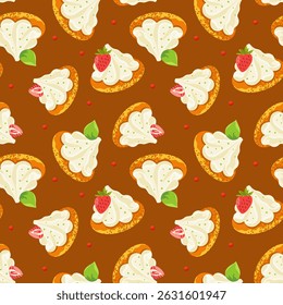 Motif de desserts. Comprend des illustrations de macarons et de mini-gâteaux avec de la crème fouettée, des garnitures de fraises, des feuilles de menthe et des tourbillons de crème. Style d'Image vectorielle plat, détails texturés, surface sur le thème des desserts