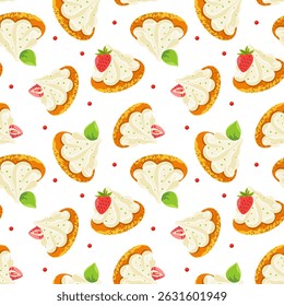 Desserts pattern. Includes illustrations of macarons and mini cakes with whipped cream, strawberry toppings, mint leaves and cream swirls. Flat vector style, textured details, dessert themed surface