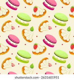 Motif de desserts. Comprend des illustrations de macarons et de mini-gâteaux avec de la crème fouettée, des garnitures de fraises, des feuilles de menthe et des tourbillons de crème. Style d'Image vectorielle plat, détails texturés, surface sur le thème des desserts