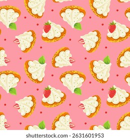Motif de desserts. Comprend des illustrations de macarons et de mini-gâteaux avec de la crème fouettée, des garnitures de fraises, des feuilles de menthe et des tourbillons de crème. Style d'Image vectorielle plat, détails texturés, surface sur le thème des desserts